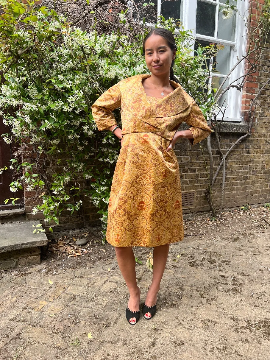 1960s Guy Laroche Haute Couture Silk Heraldic Print Dress Suit