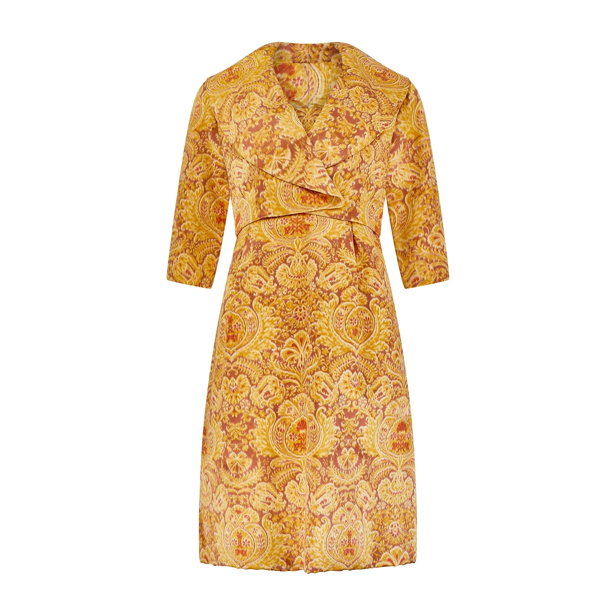 1960s Guy Laroche Haute Couture Silk Heraldic Print Dress Suit