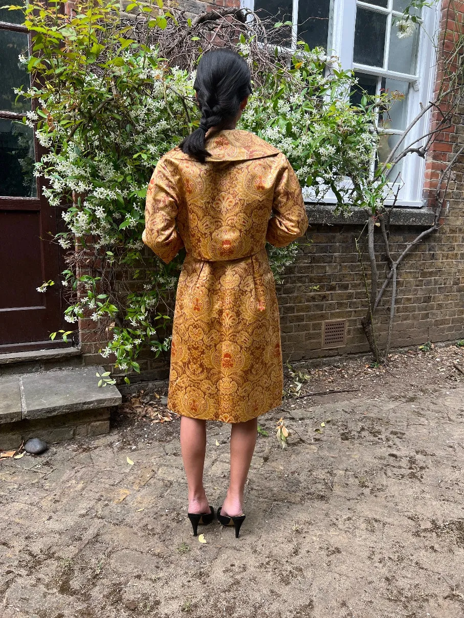 1960s Guy Laroche Haute Couture Silk Heraldic Print Dress Suit