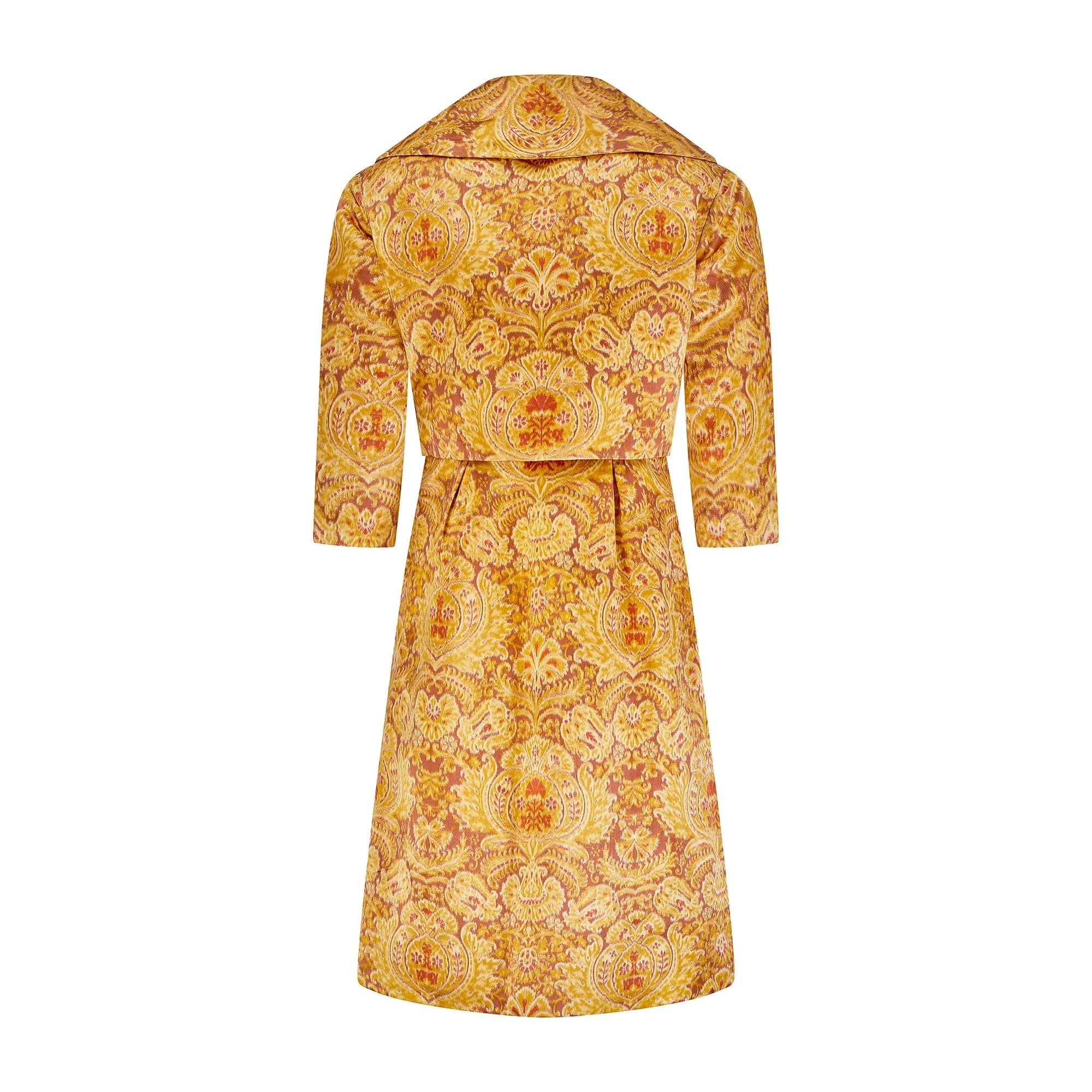 1960s Guy Laroche Haute Couture Silk Heraldic Print Dress Suit