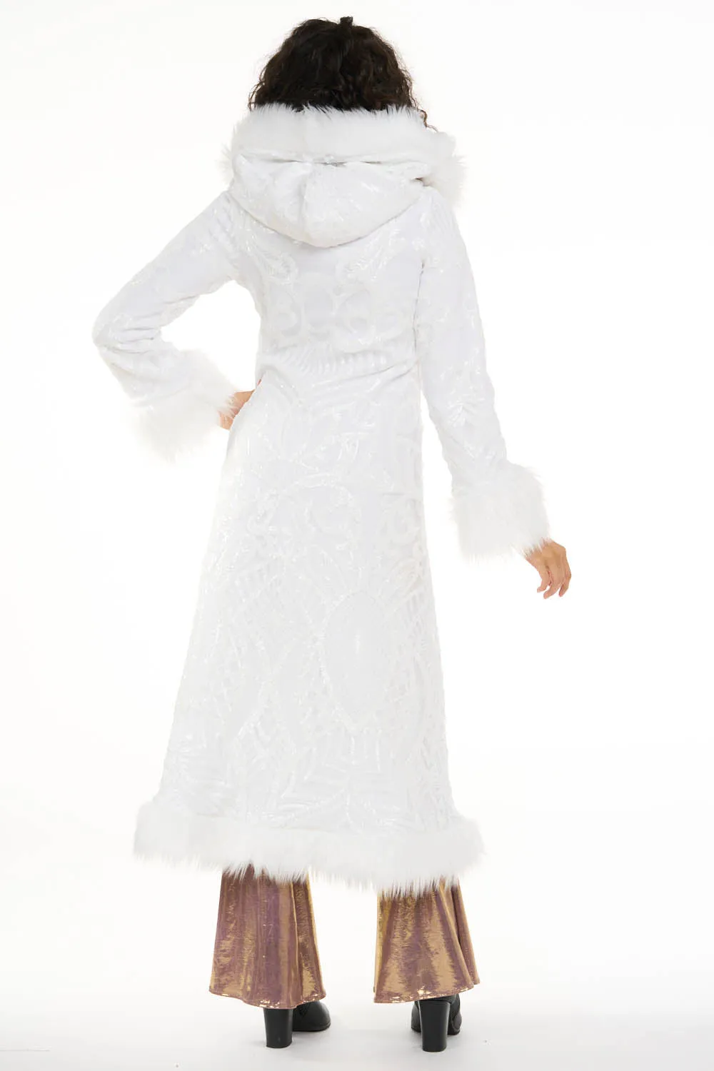 Deluxe Tamo Coat: White Baroque Sequin   White Faux Fur Trim