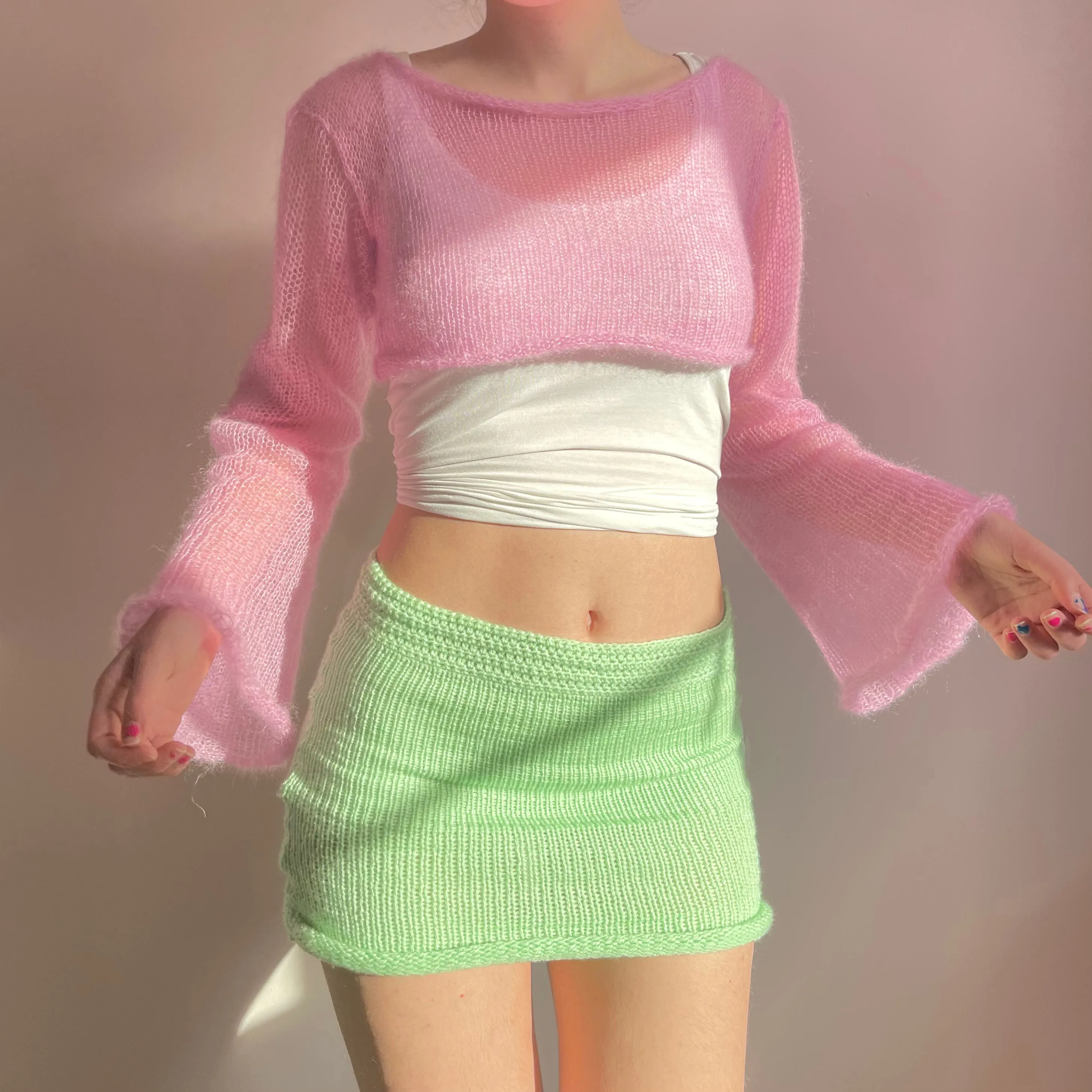 Handmade knitted baby pink mohair cropped jumper