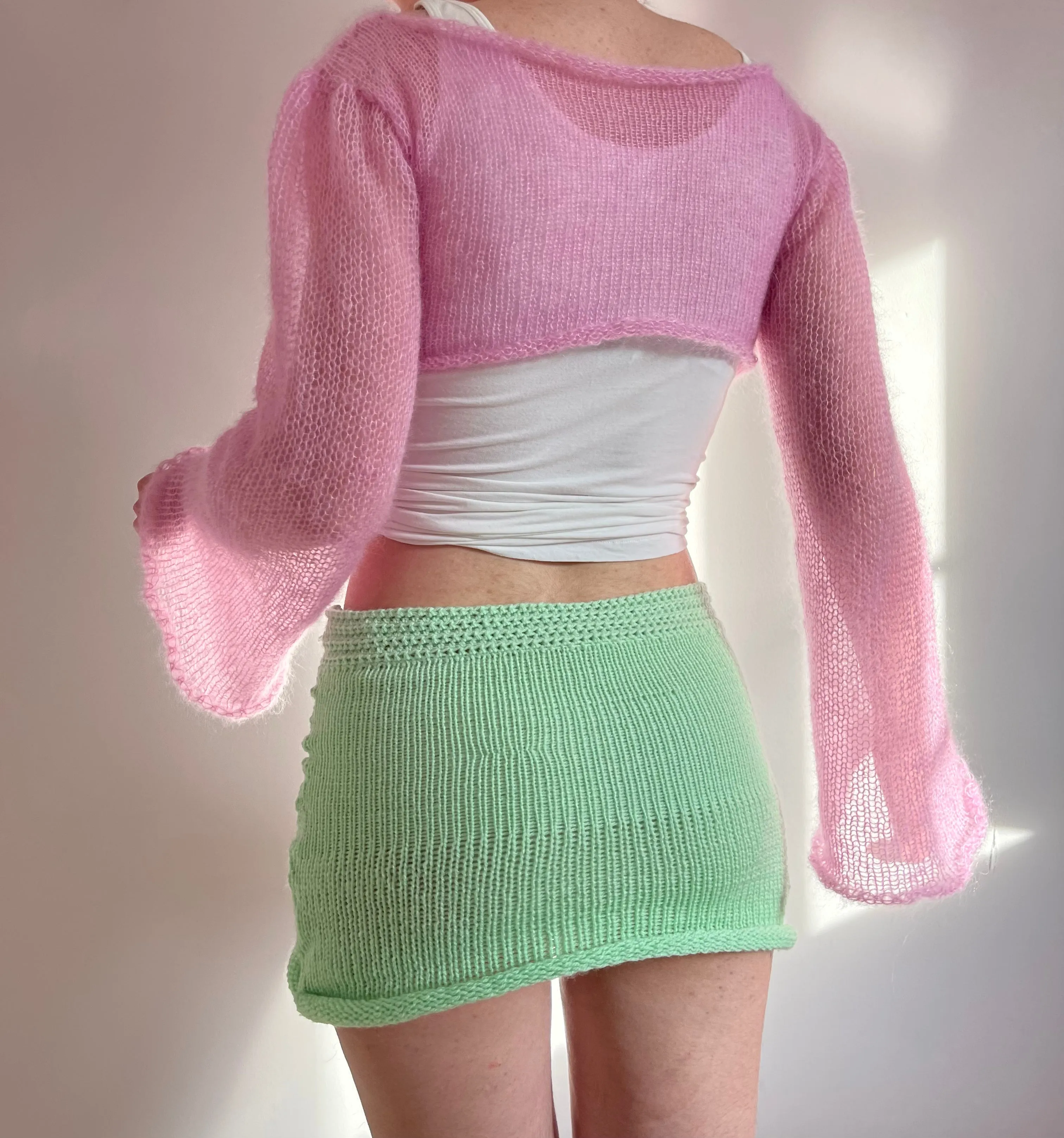 Handmade knitted baby pink mohair cropped jumper