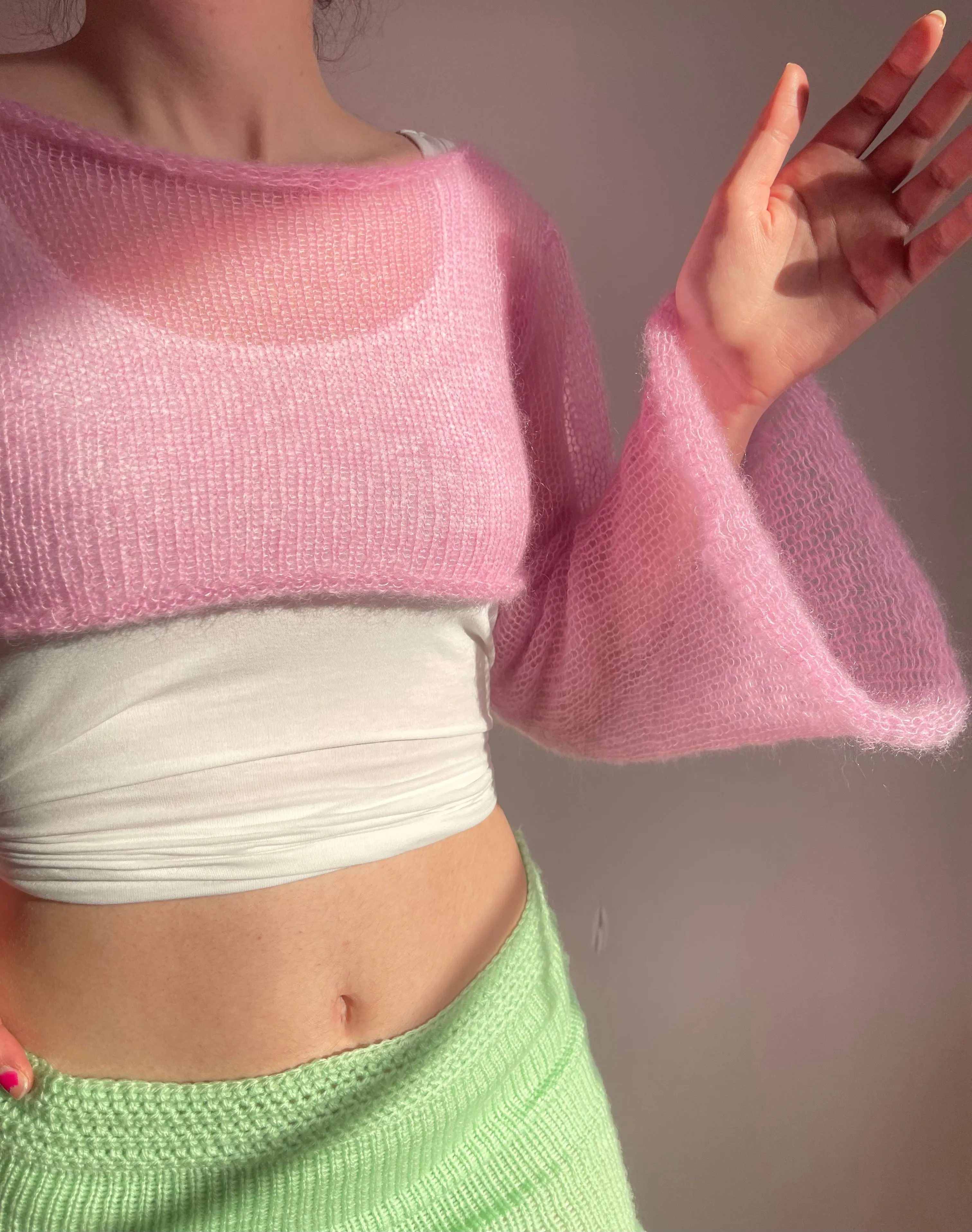 Handmade knitted baby pink mohair cropped jumper