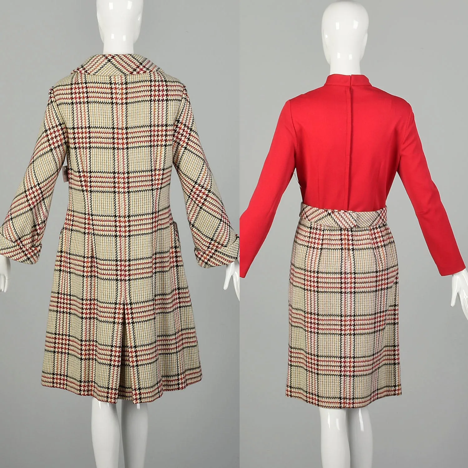 Medium 1960s Plaid Dress and Winter Coat Ensemble Long Sleeve Tweed Outfit