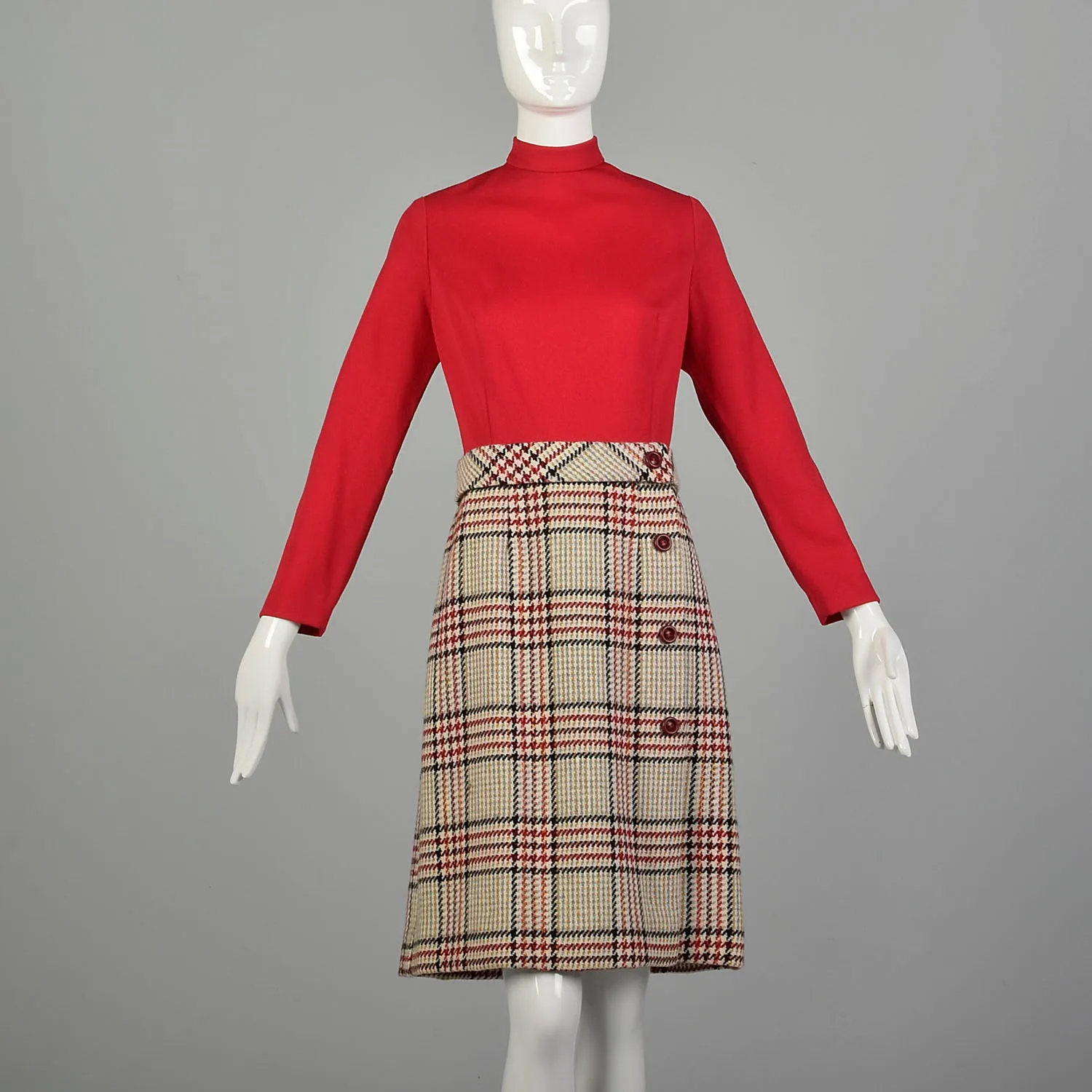 Medium 1960s Plaid Dress and Winter Coat Ensemble Long Sleeve Tweed Outfit