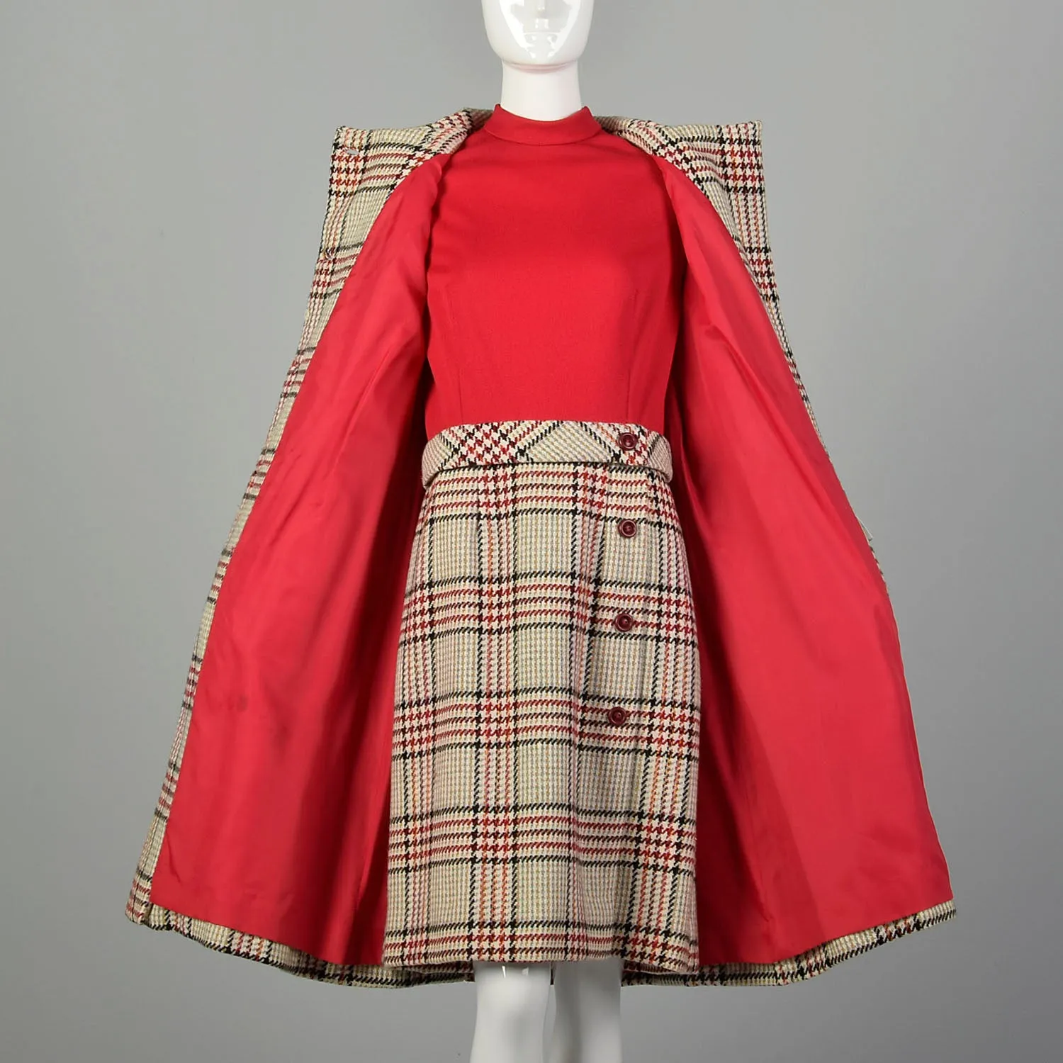 Medium 1960s Plaid Dress and Winter Coat Ensemble Long Sleeve Tweed Outfit