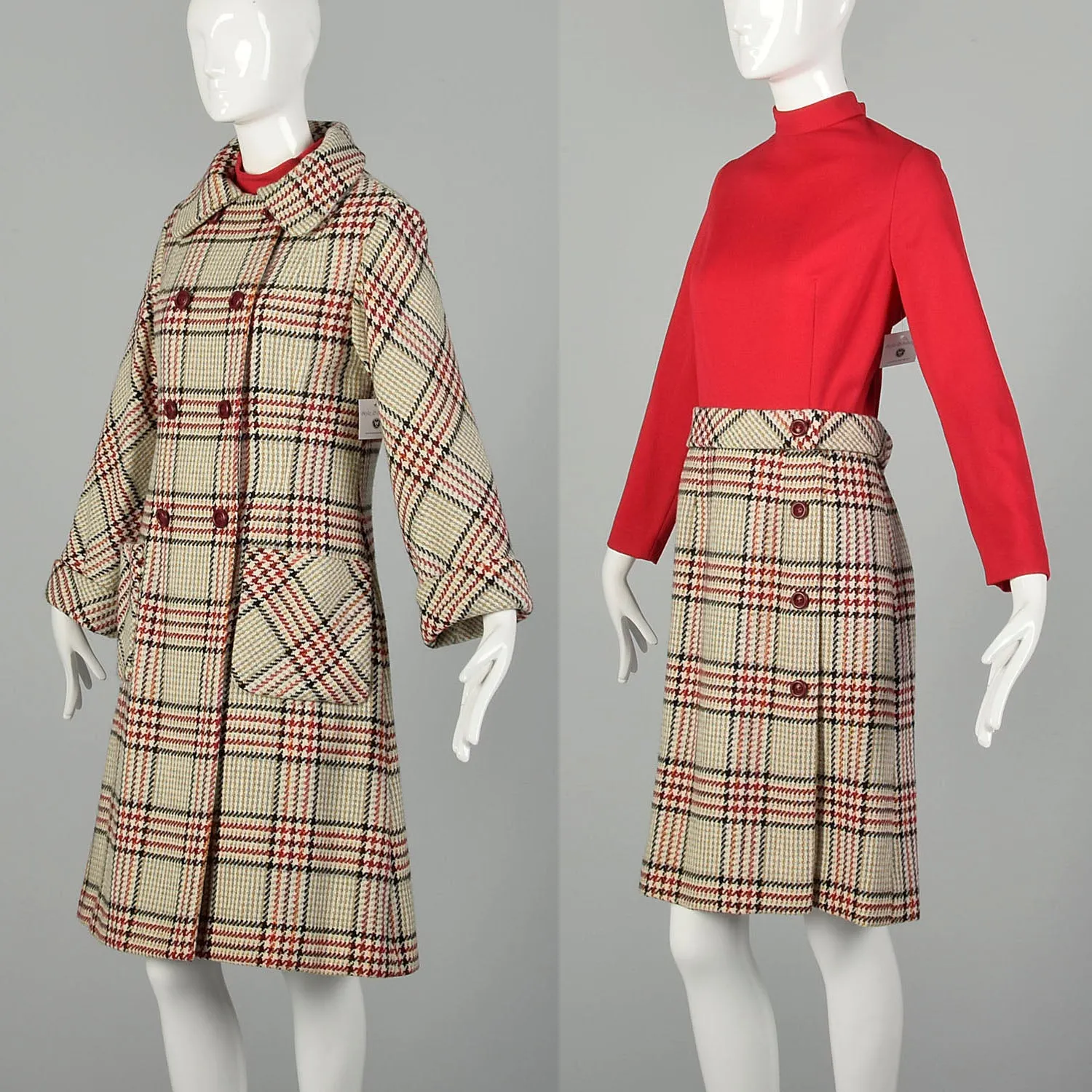 Medium 1960s Plaid Dress and Winter Coat Ensemble Long Sleeve Tweed Outfit