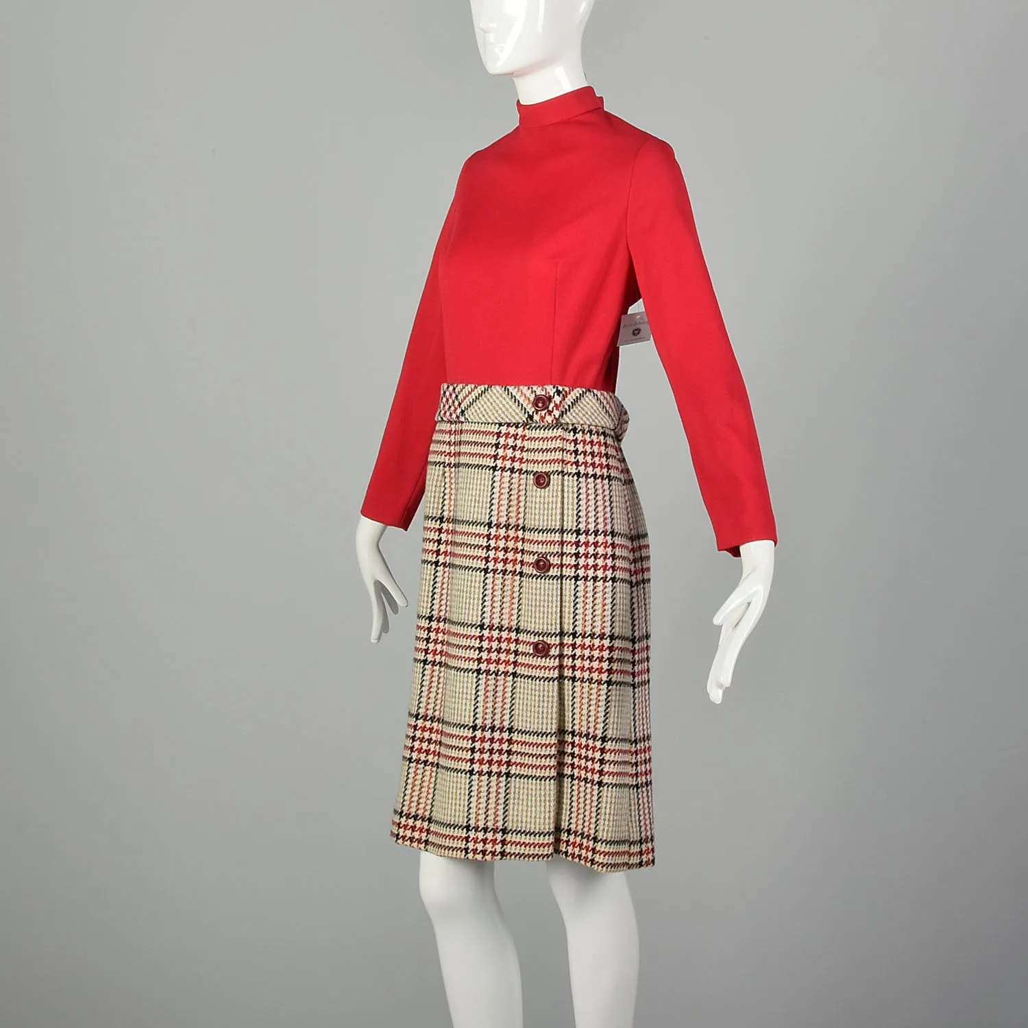 Medium 1960s Plaid Dress and Winter Coat Ensemble Long Sleeve Tweed Outfit