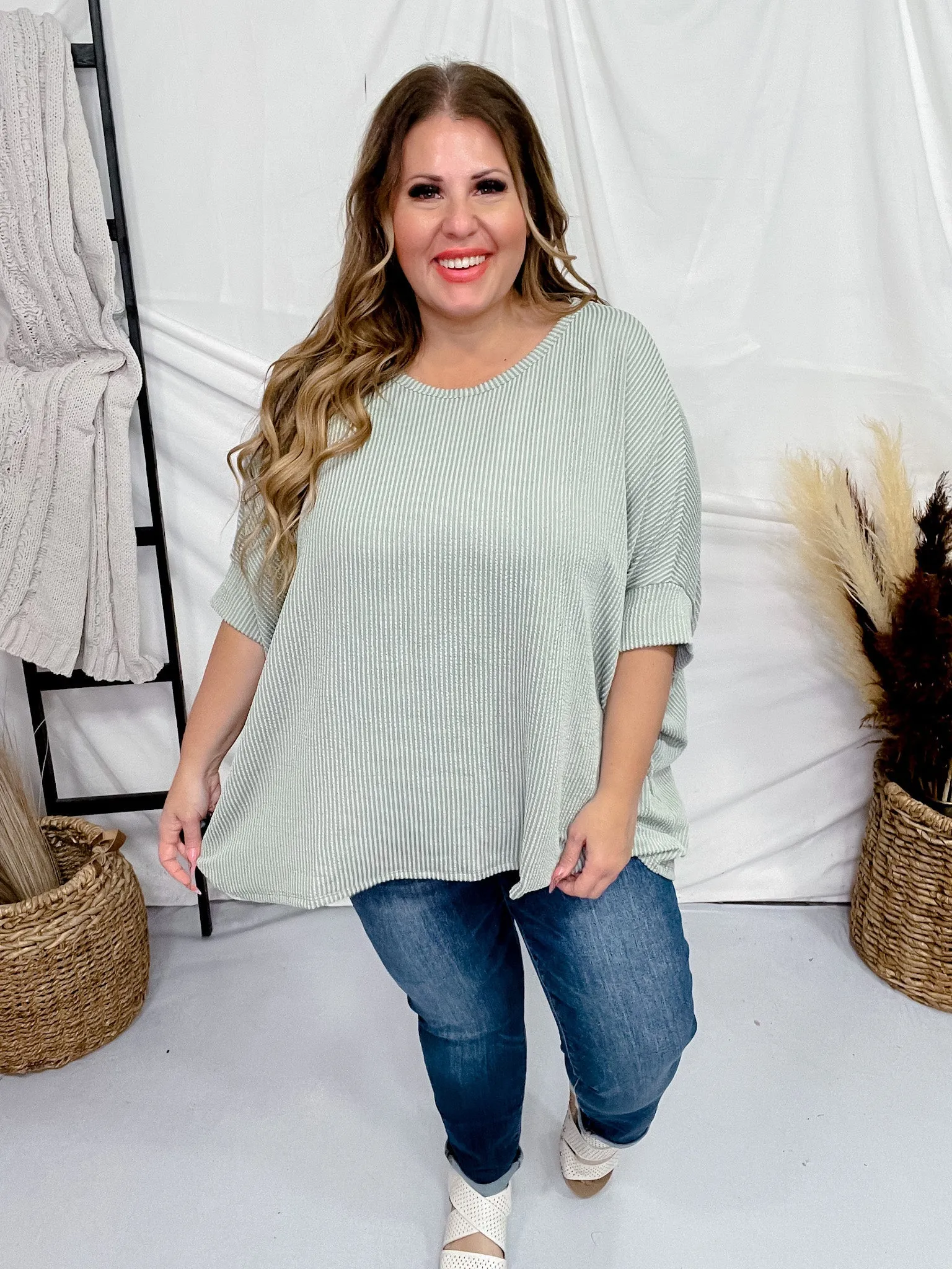 Round Neck Ribbed Tunic Top in Sage Green