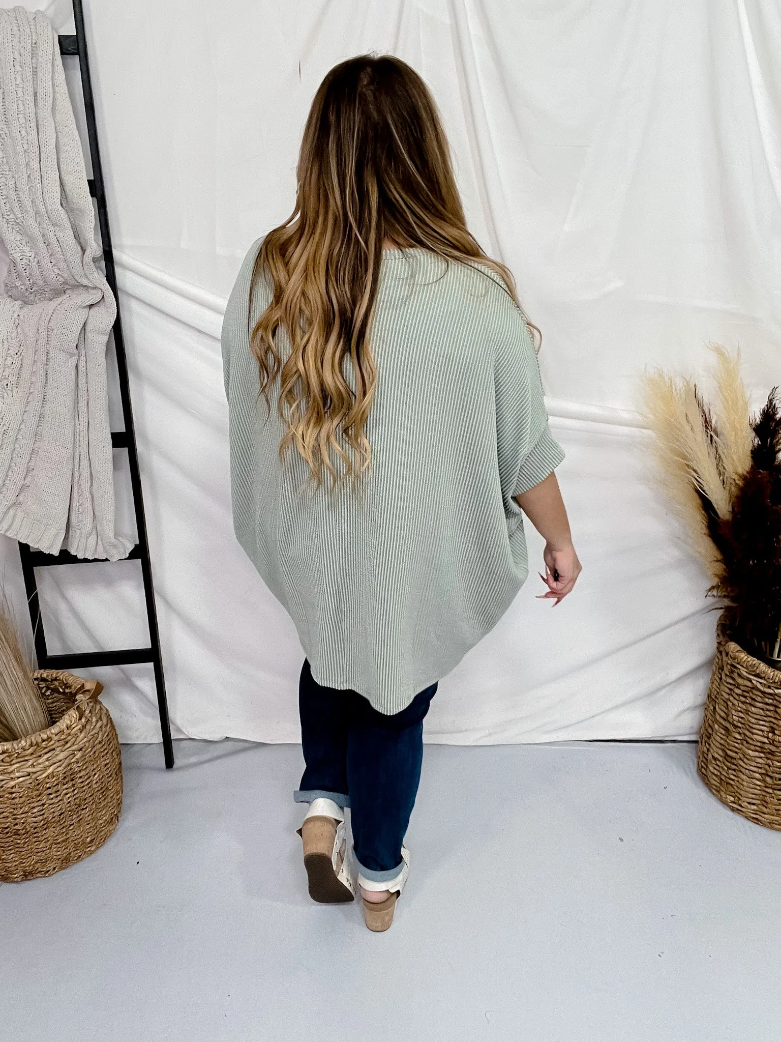 Round Neck Ribbed Tunic Top in Sage Green