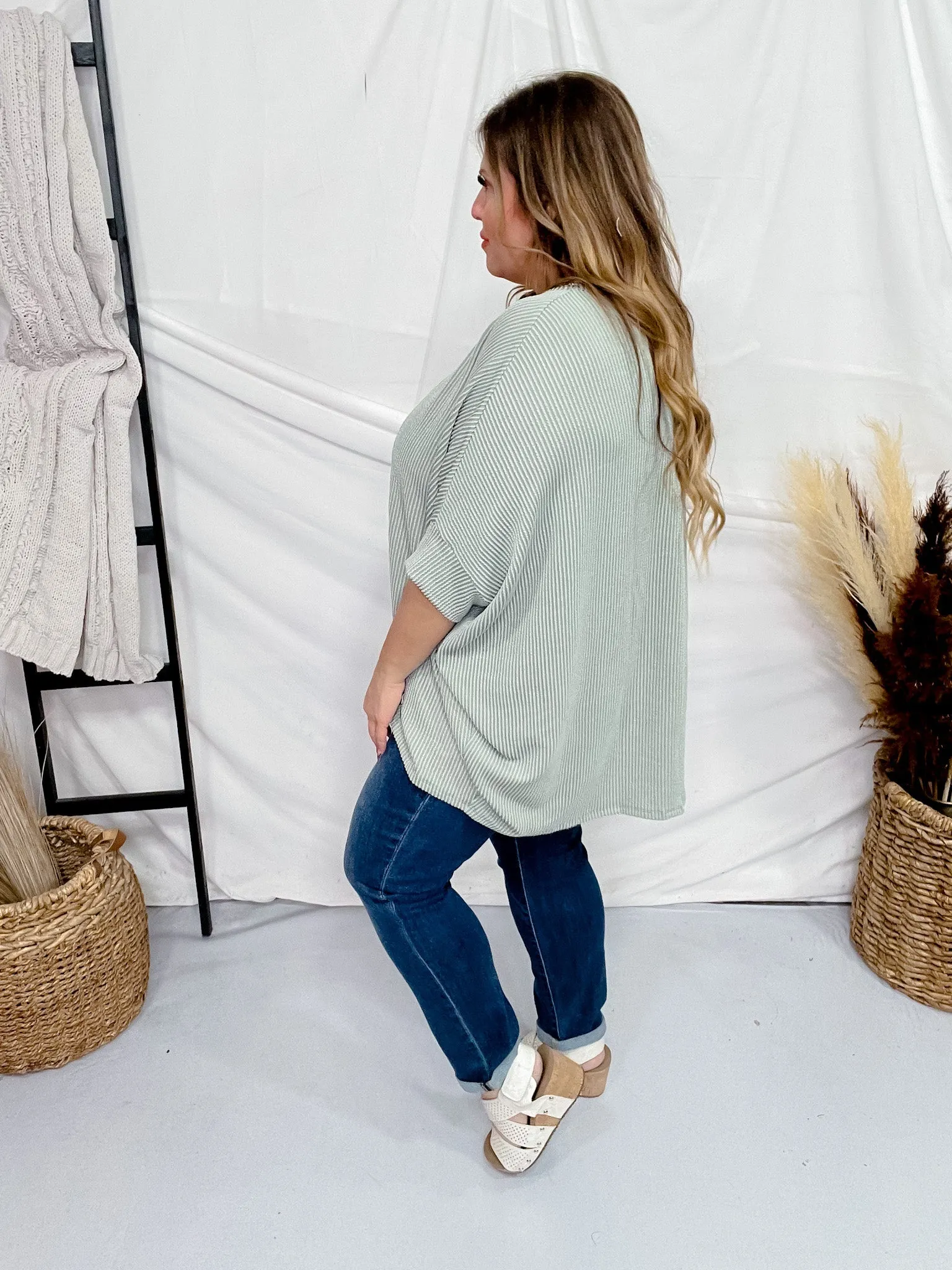 Round Neck Ribbed Tunic Top in Sage Green