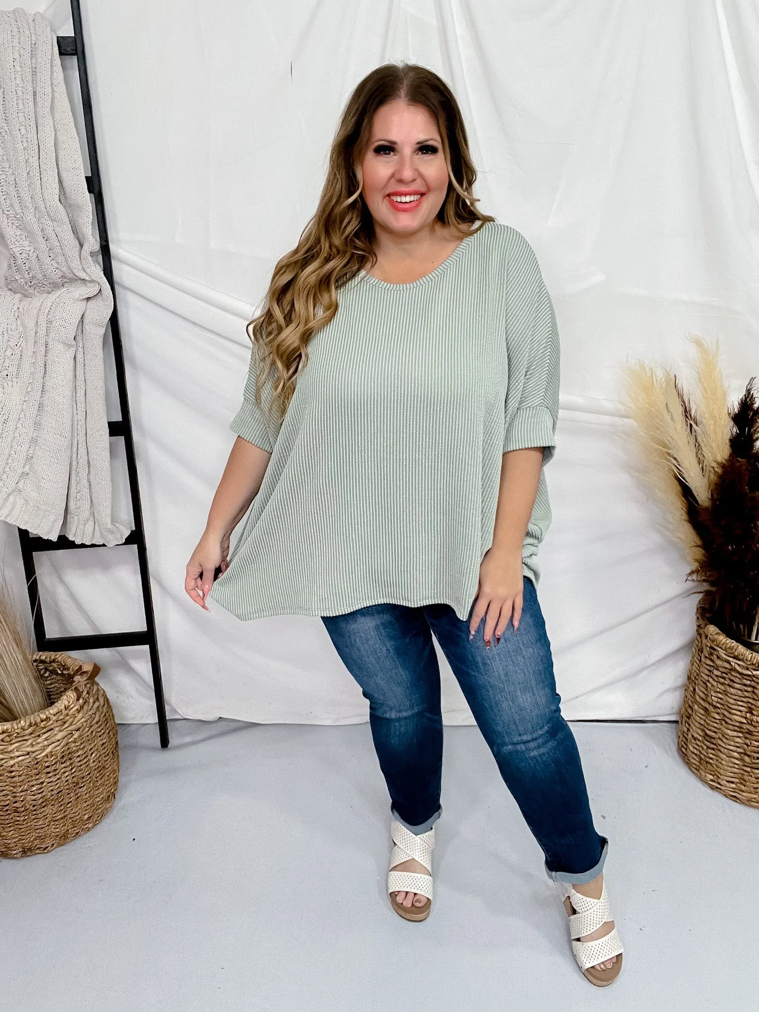 Round Neck Ribbed Tunic Top in Sage Green