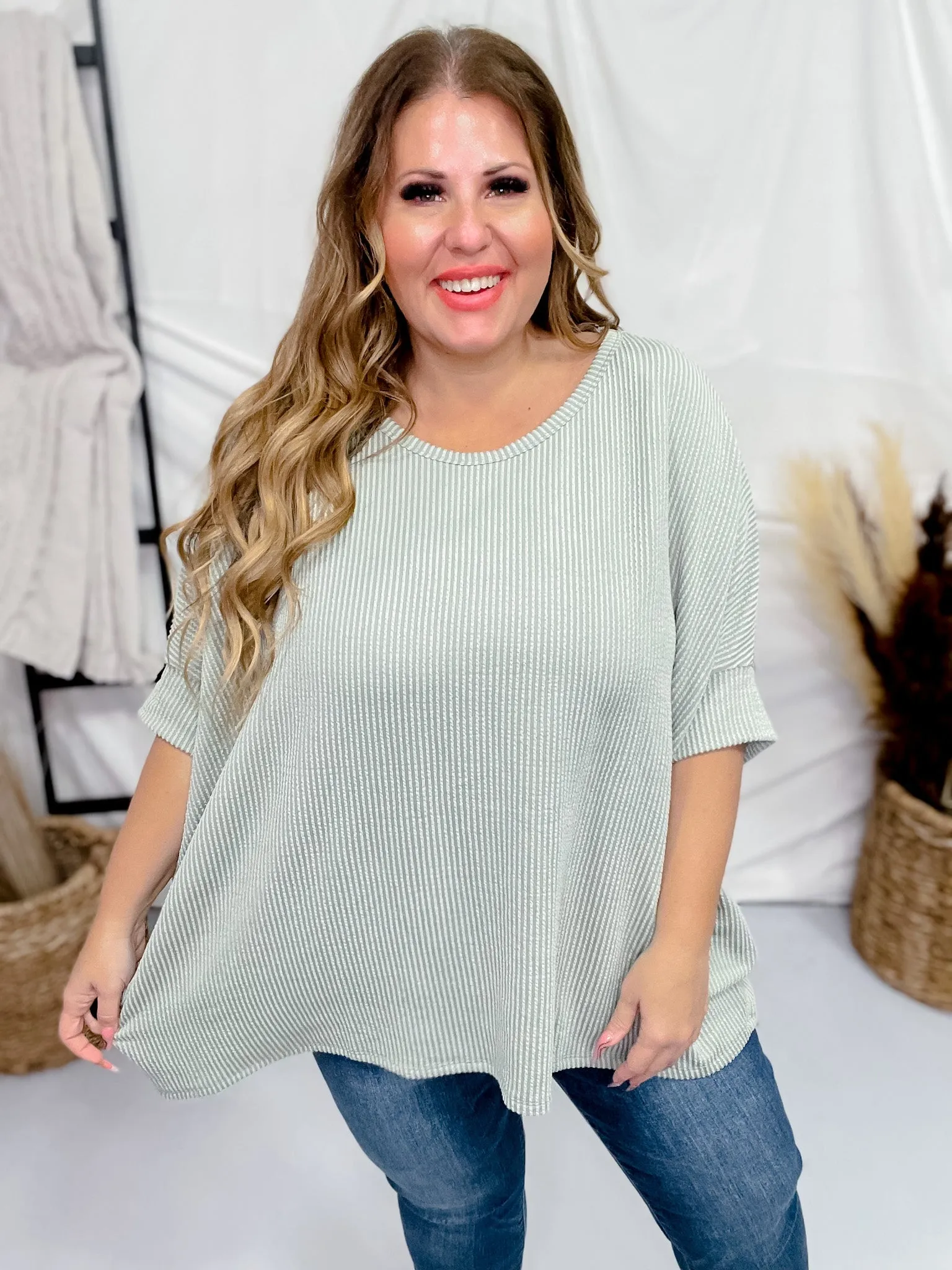 Round Neck Ribbed Tunic Top in Sage Green