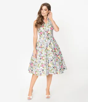Unique Vintage Mint & Multicolor Print Halter Tarrytown Hostess Dress